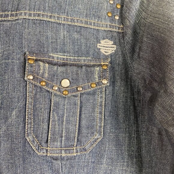 Harley Davidson Womens Embroidered Pearl Snap Button Beaded Denim Shirt Sz Small - Picture 3 of 12